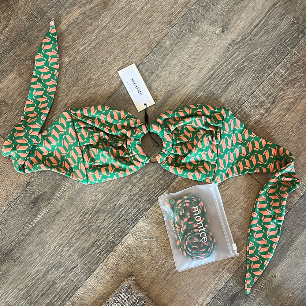 Montce Green and Peach Geometric Ring Detail Bikini Top